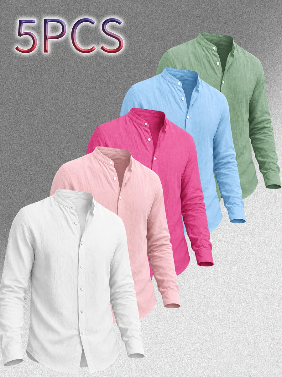 Zhiyu OBM Men's New Stand Collar Solid Color -Look Long Sleeve Shirt 5pcs Set, Simple Stand Collar Design, High-Quality Men's Long Sleeve Button- Shirt for Spring, Autumn, and Winter - Suitable for Outdoor Leisure, Vacation, Travel, and Formal Wear - White + Pink + Rose Red + Sky Blue + Green