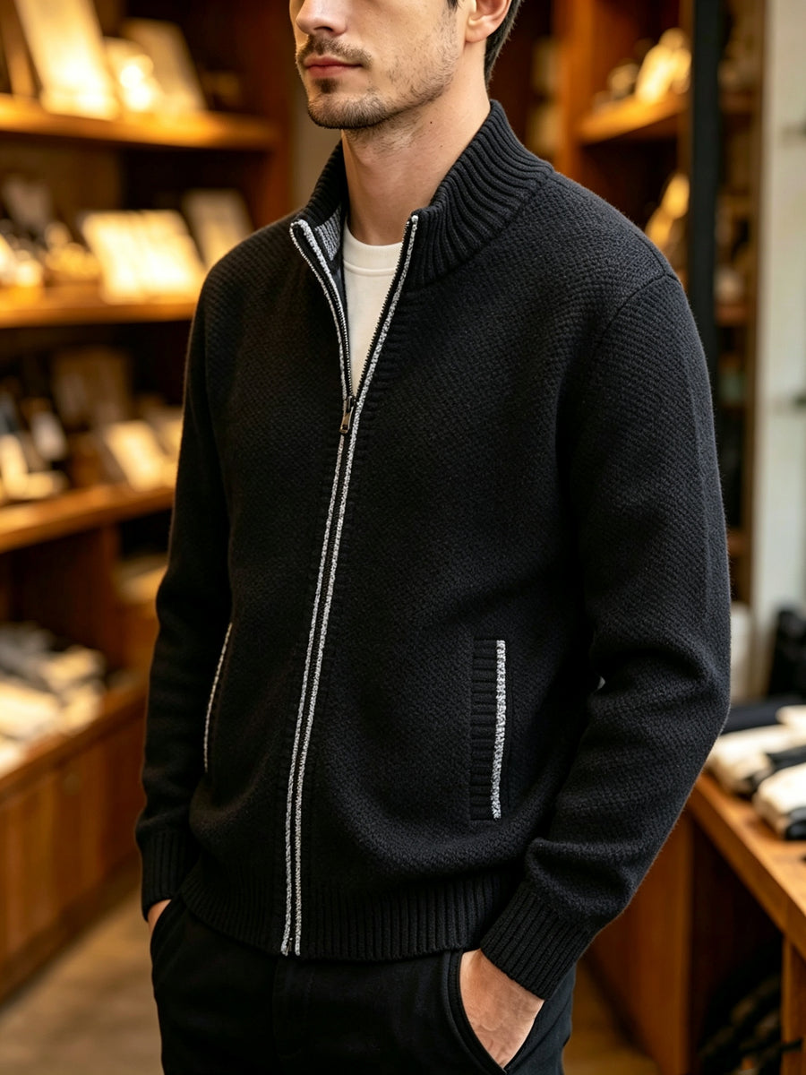 A Single Men's Thick Knitted Sweater Jacket, Made of Soft and Plush Fabric to Keep Warm and Comfortable, Easy to Match for Daily Commuting and Leisure. (Includes Only One Jacket) - Black