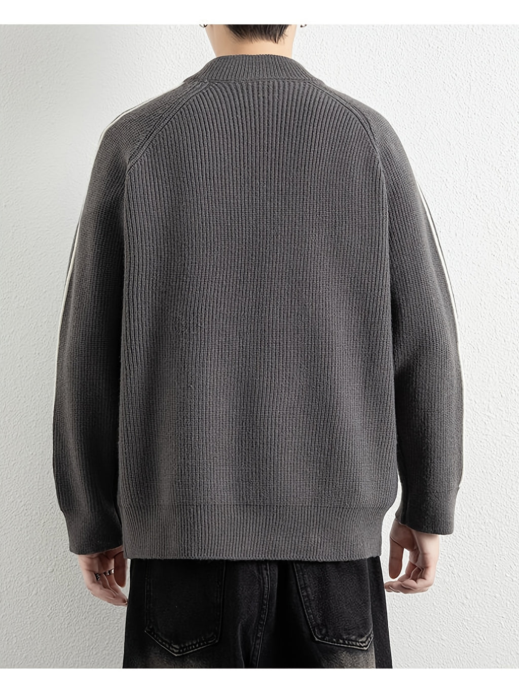 [Wading Whale OBM] Spring/Autumn New Men'S Knit Cardigan, Old Money Style Color-Block Striped Zipper Front Stand Collar Cardigan for Men, Business Casual Fashion Knitwear, Suitable for Spring, Autumn, Winter Layering Or Outerwear, Fits Daily Casual - Dark Gray