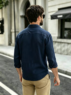The Preferred Gift for Back to School Season Is Men's Casual Shirts. Spring and Autumn Long Sleeved Shirts Are Trendy, Loose, Solid Color, Breathable and Versatile Tops, Making Them the Perfect Holiday Gift - Navy Color