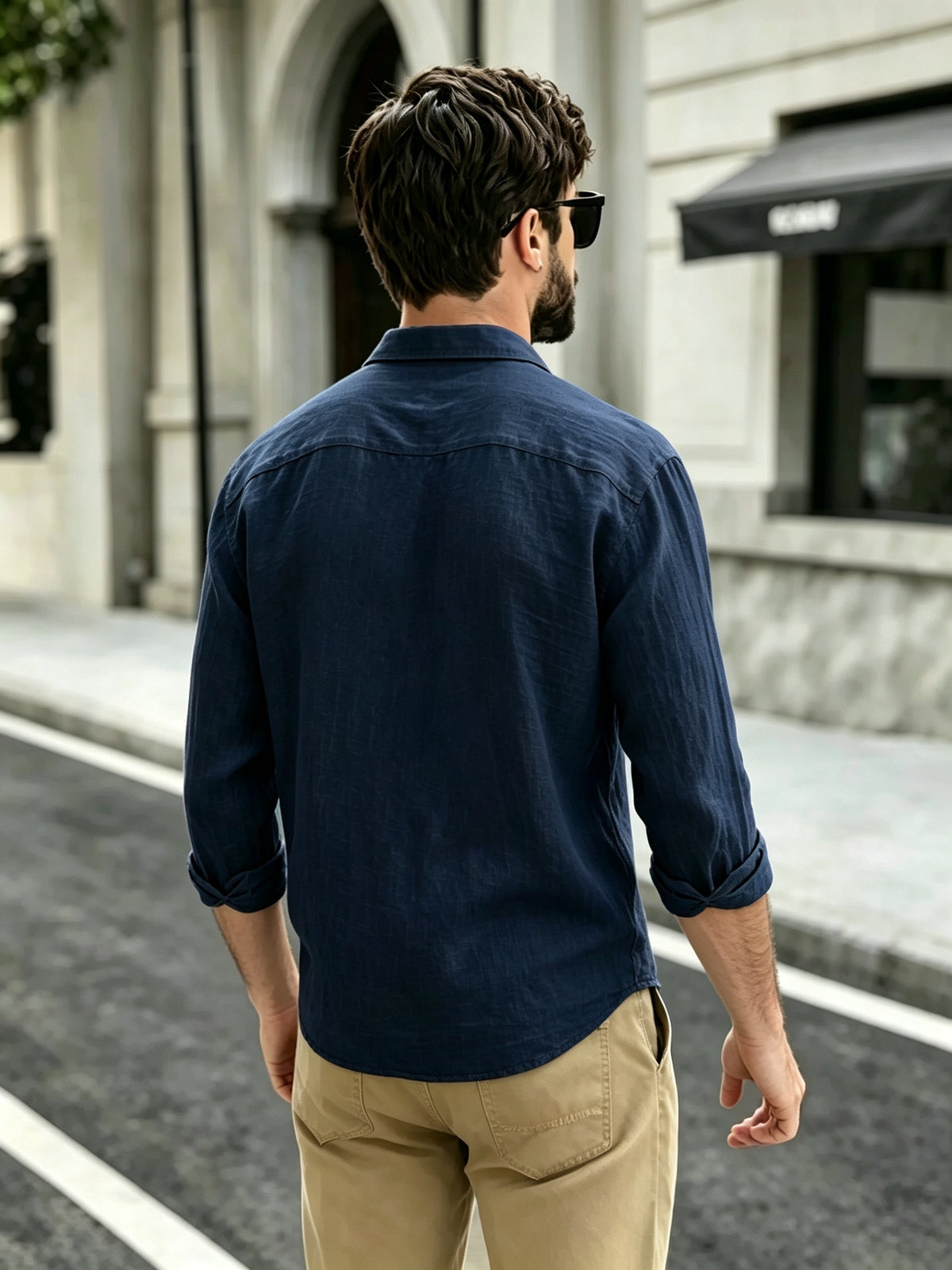The Preferred Gift for Back to School Season Is Men's Casual Shirts. Spring and Autumn Long Sleeved Shirts Are Trendy, Loose, Solid Color, Breathable and Versatile Tops, Making Them the Perfect Holiday Gift - Navy Color
