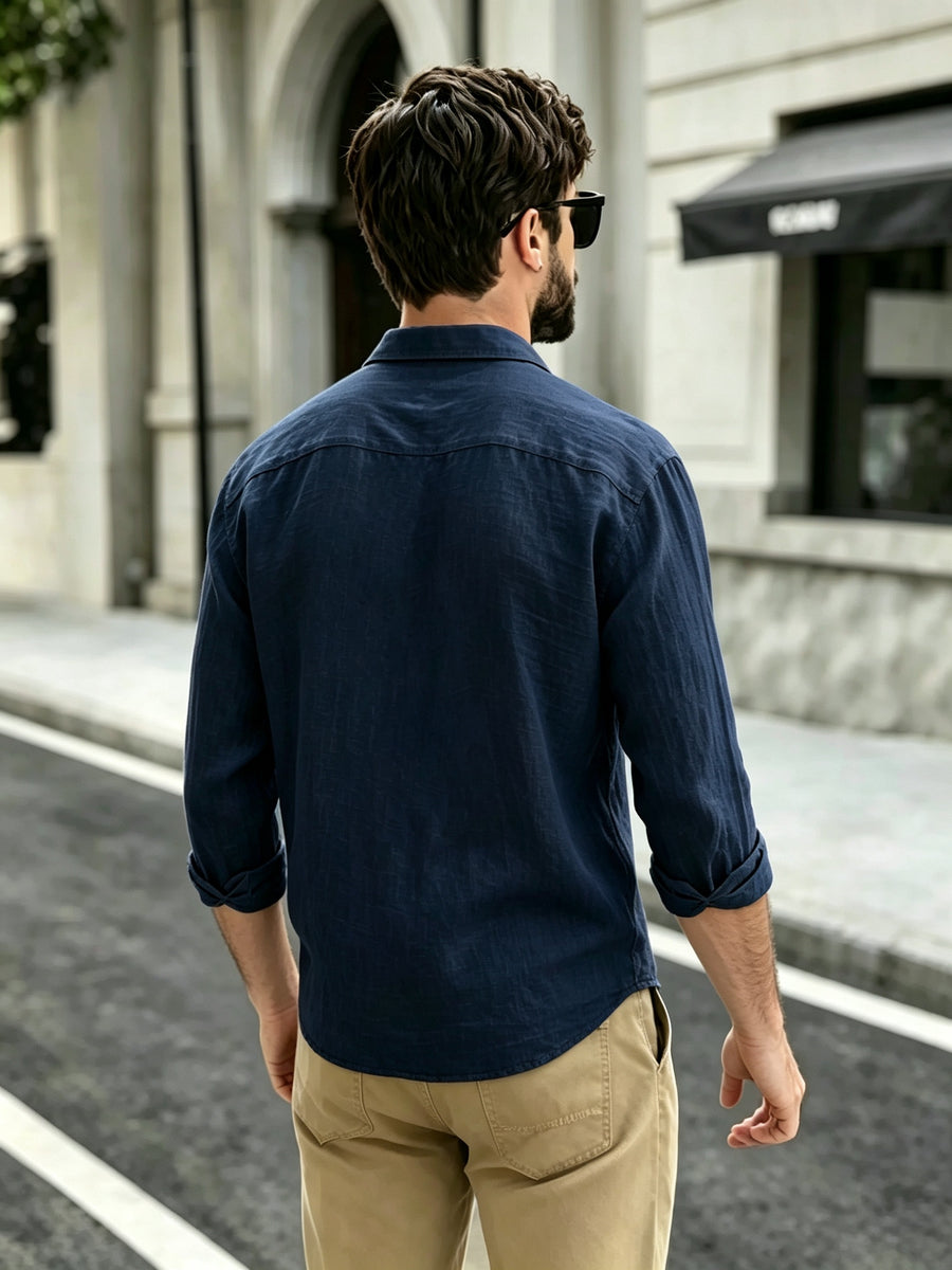 The Preferred Gift for Back to School Season Is Men's Casual Shirts. Spring and Autumn Long Sleeved Shirts Are Trendy, Loose, Solid Color, Breathable and Versatile Tops, Making Them the Perfect Holiday Gift - Navy Color