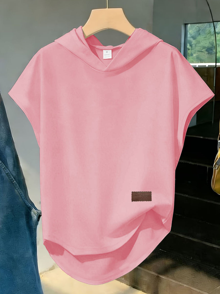 Cartoon Print Sporty Casual Style Women's Apparel, Hooded Loose Fit Design, Soft and Comfortable Top, Elegant Fashionable T-Shirt Hoodie with Short Sleeves, Suitable for Spring, Summer, Autumn, and Winter - Pink