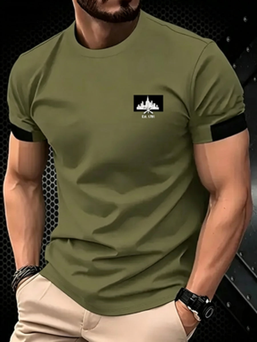 Men's Olive Green Solid Color Round Neck Short Sleeve T-Shirt with Cuff Trim Detail - Lightweight Breathable Casual Top, Suitable for Spring Summer Casual Attire, Versatile for -Casual & Formal Outfits, Machine Washable - Mixed colors