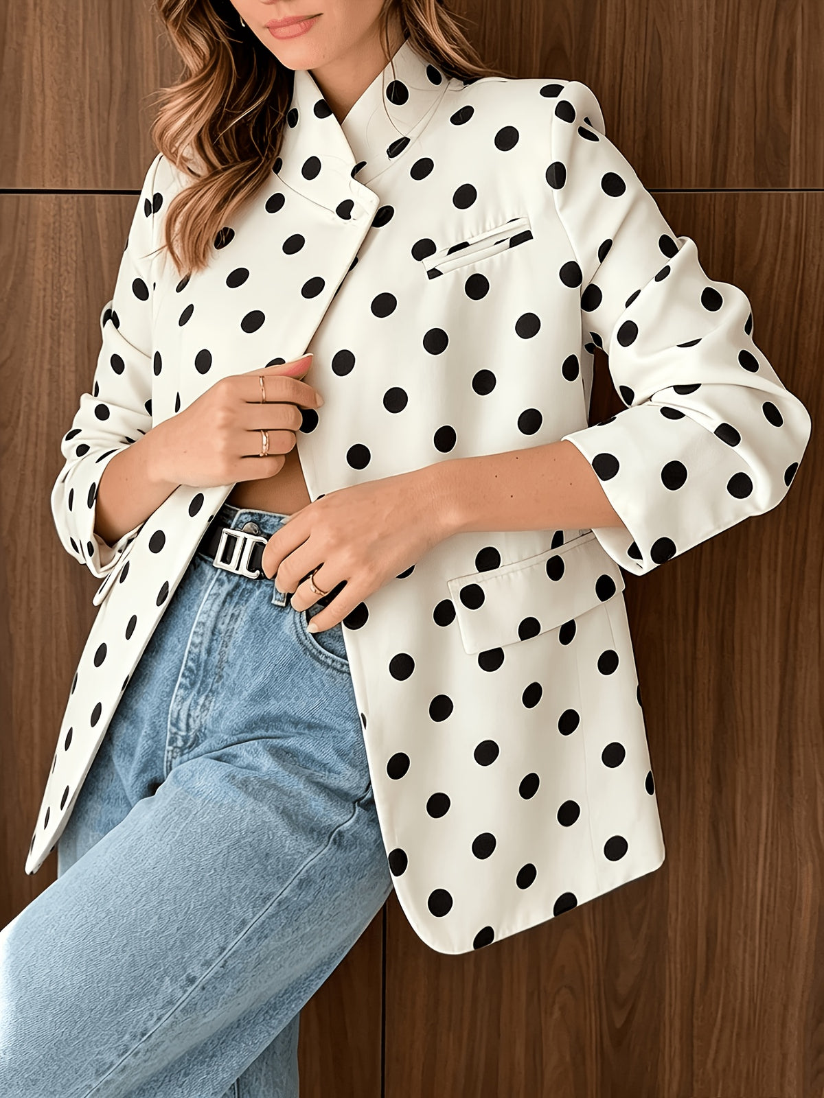 New Spring/Summer 2026 Fashionable Casual Stand Collar Polka Dot Print Irregular French-Style Vintage Blazer - White