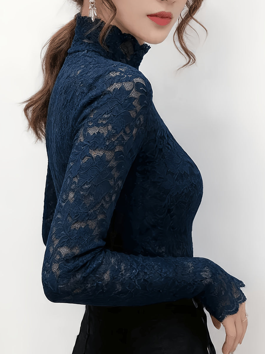 Lace Mock Neck Slim Top, Sexy Long Sleeve Top For Spring & Fall, Women's Clothing - Blue
