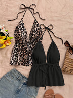 2pcs Set of Sexy Leopard Print Tank Tops for Vacation. The Casual V-neck, Back-exposing Textured Fabric Red Top Is Suitable for Holidays, Dates, Afternoon Tea, Vacations, Music Festivals, and Bohemian Style. - Black + Leopard Print