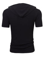 Men's Waffle Knit Hooded Short Sleeve T-Shirt - Adjustable Hood with Waffle Texture, Breathable Casual Top, Machine Washable Suitable for - Wear, Versatile for Gym, Outdoor & Everyday Use, Fit Short Sleeve Shirt - Black