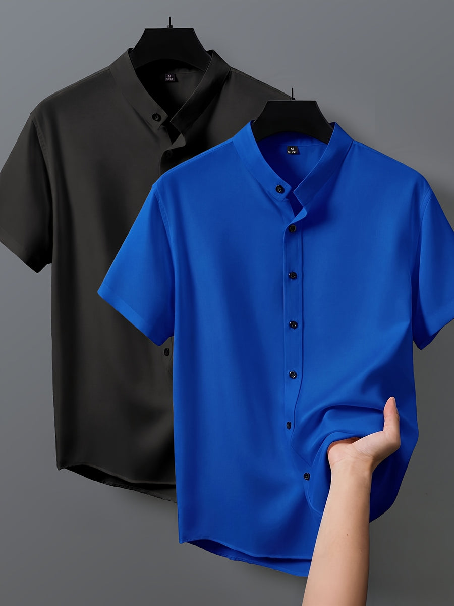 2pcs Men's Short-Sleeve Shirts, Henley/Stand-Up Collar Design, Summer Casual Outerwear - Style3