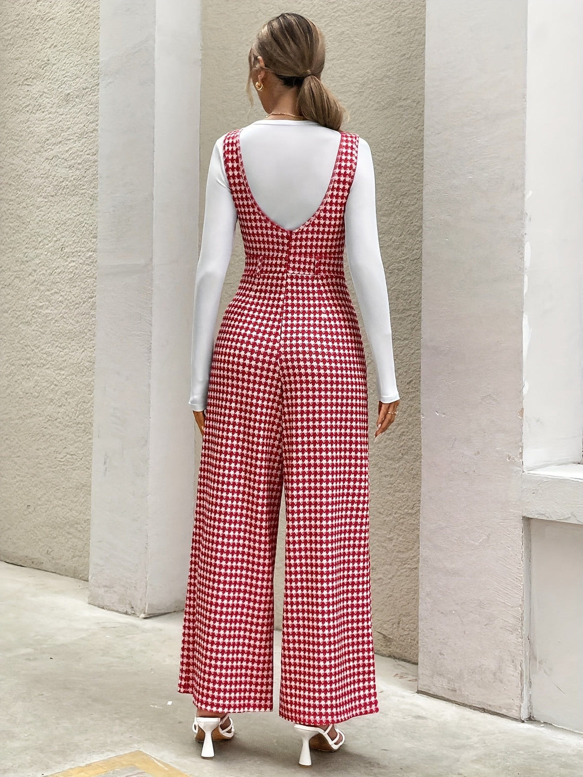 Four Seasons Women'S Vintage Houndstooth Floral Pearl Beading High-Waist Tapered Waist Temperament Wide-Leg Overalls Jumpsuit Trousers Business Commute Casual Vacation Dating Exquisite Elegant Women'S Trousers - Mixed colors