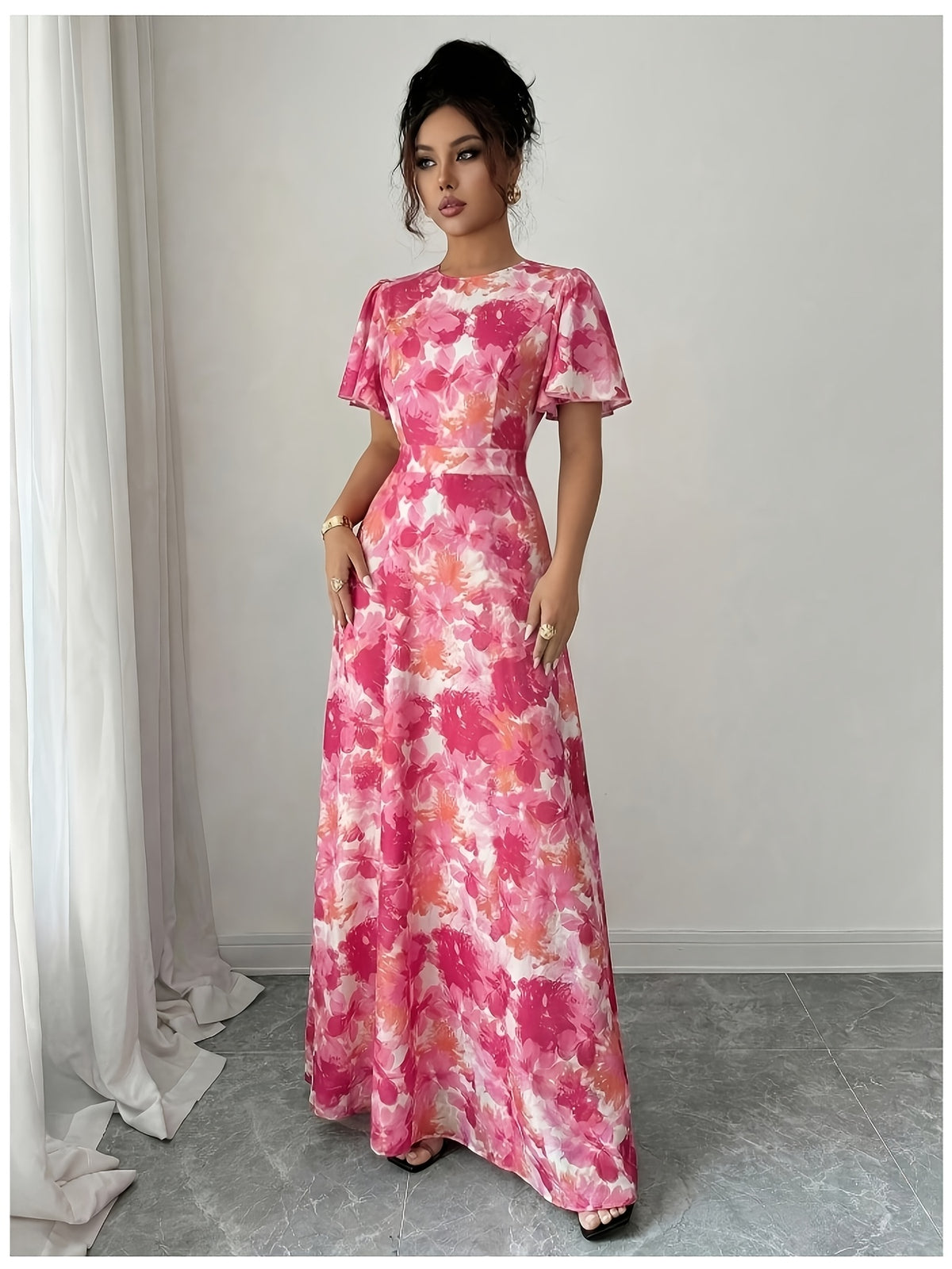 Elegant, Exquisite, And Fashionable Floral Print Round Neck Short Sleeve Long Dress High-Waist Waist-Cinching A-Line Flared Silhouette Suitable for Daily Commute, Dating Parties, Beach Vacation, Wedding Bridesmaid, Afternoon Tea - Red