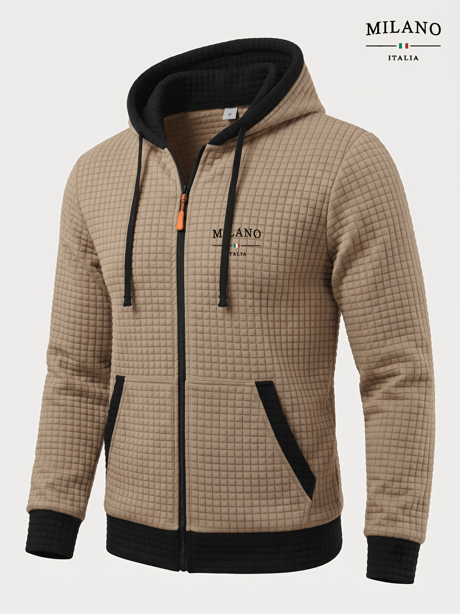 [Pearson OBM] Men'S Autumn Winter Sporty Long Sleeve Jacket, Small Checkered Jacquard Soft Comfortable Fabric, Solid Color Knitted Hooded Craft Fashion Men'S Sweatshirt Jacket, Fashion Print Craft Design, Suitable for Casual Outings, Sports - ho khaki
