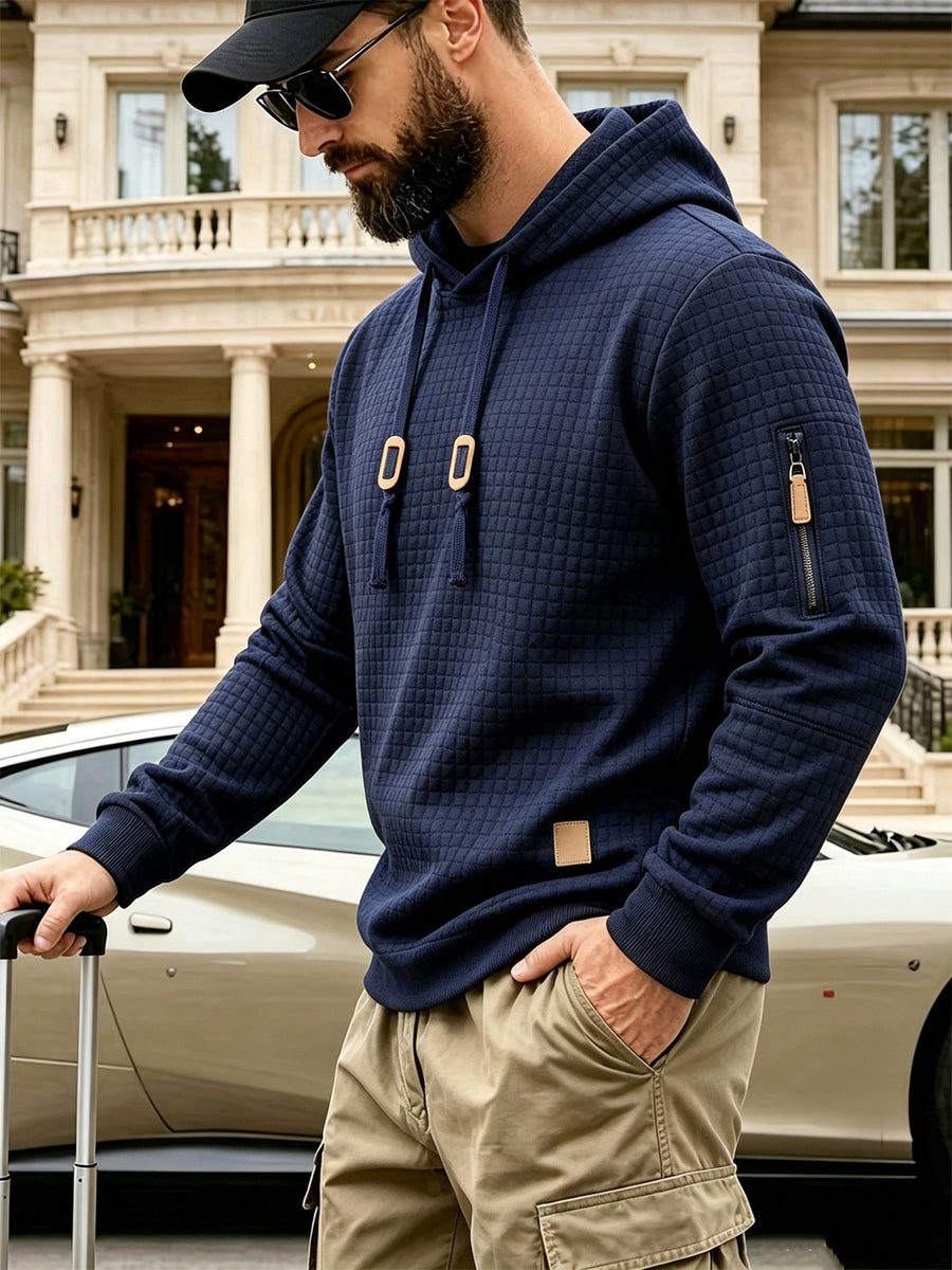 2pcs Men'S Checkered Hooded Sweatshirts, Long Sleeve Pullover Tops, Regular Fit Knit Fabric, with Zippered Pockets, Soft Stretch Knit Sweater, Lightweight Casual, Suitable for Spring Fall Travel Streetwear - Black+Navy Blue