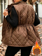 ASD1 Autumn Winter Diamond Quilted Vest Women'S Waist Cincher Drawstring Stand Collar Sleeveless Camisole Thick Warm Casual Outerwear, Western Style New Stand Collar Quilted Vest Women'S Drawstring Waist Pocket Warm Sleeveless Jacket Versatile Top - Rust