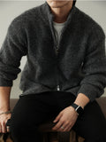 Men'S Plus Size Chunky Knit Cardigan, Full-Zip Stand Collar Sweater Coat, Solid Color Loose Warm Velvet Jacket for Autumn/Winter, Thick - Grey