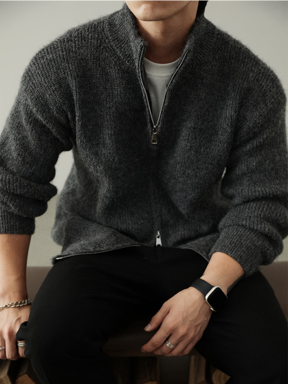 Men'S Plus Size Chunky Knit Cardigan, Full-Zip Stand Collar Sweater Coat, Solid Color Loose Warm Velvet Jacket for Autumn/Winter, Thick - Grey