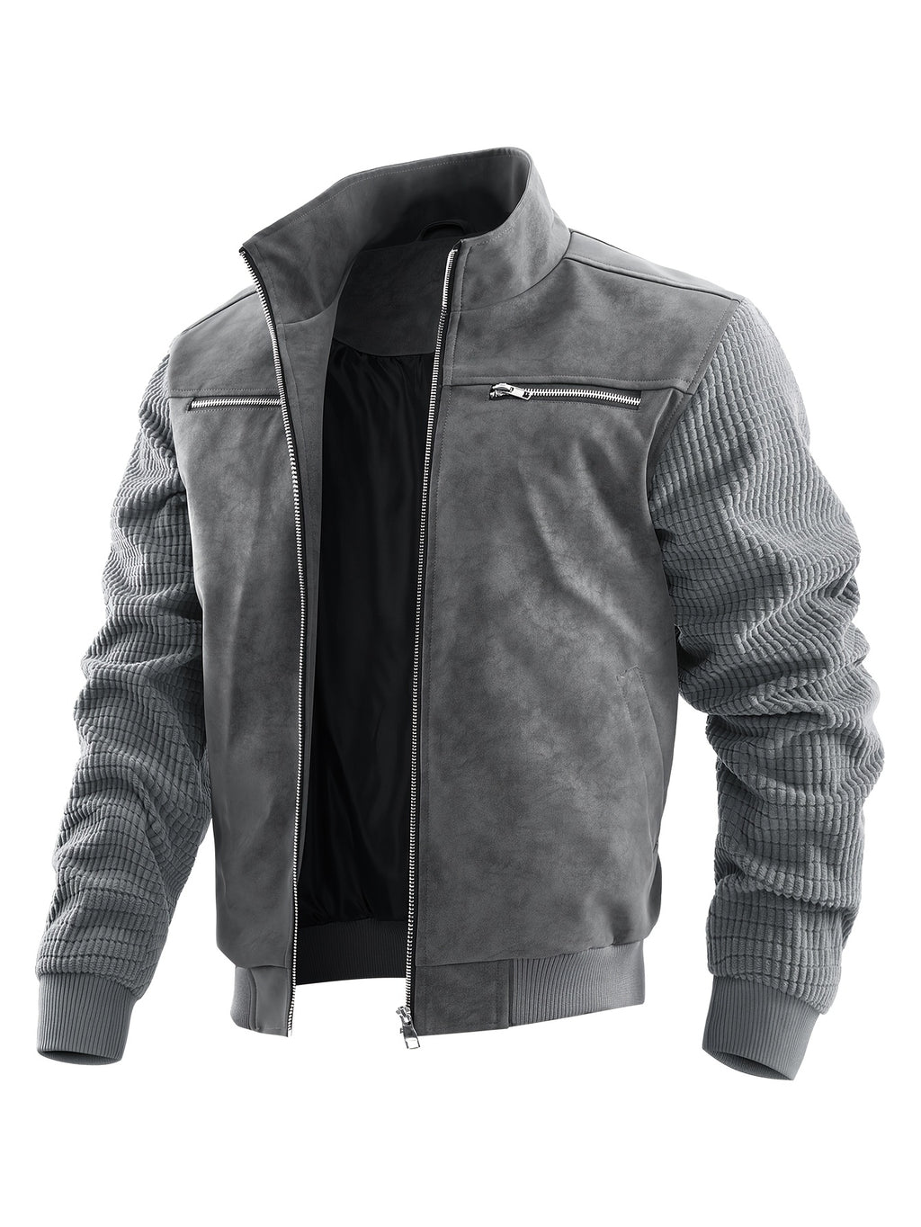 Men'S Stand-Up Collar Patchwork Jacket, Body with Waffle Texture Long Sleeves, Multi-Zipper Metal Pocket Design, Loose Short Style, Stiff Wrinkle-Resistant Fabric, Suitable for Daily Commute And Street Casual Wear, Retro American Style - Dark Gray