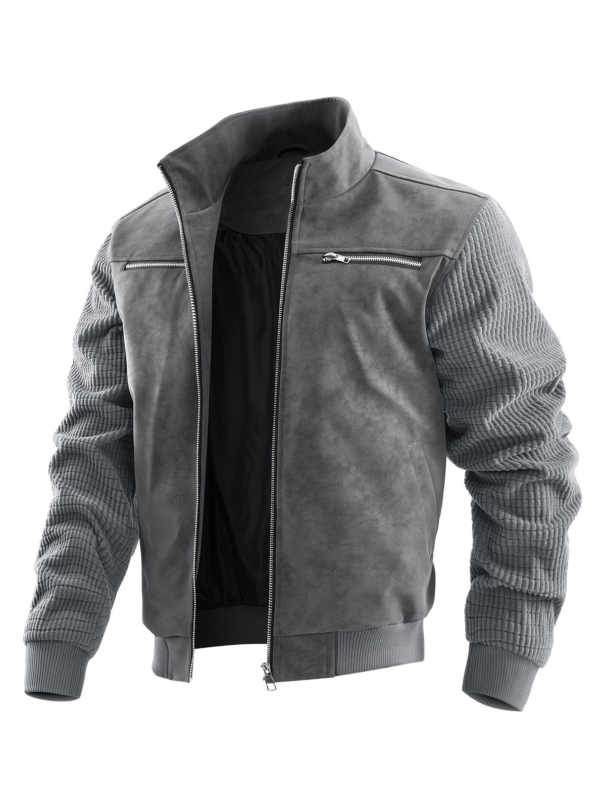 Men'S Stand-Up Collar Patchwork Jacket, Body with Waffle Texture Long Sleeves, Multi-Zipper Metal Pocket Design, Loose Short Style, Stiff Wrinkle-Resistant Fabric, Suitable for Daily Commute And Street Casual Wear, Retro American Style - Dark Gray