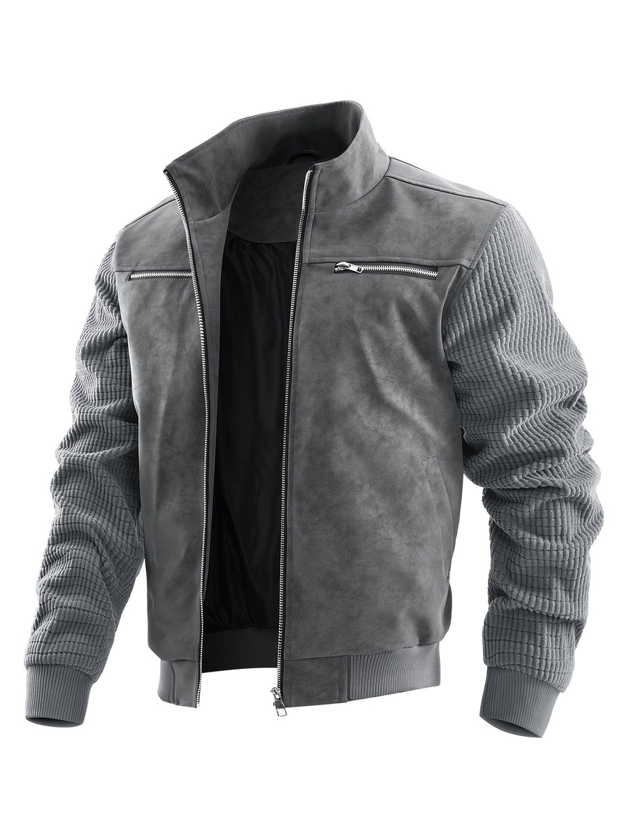 Men'S Stand-Up Collar Patchwork Jacket, Body with Waffle Texture Long Sleeves, Multi-Zipper Metal Pocket Design, Loose Short Style, Stiff Wrinkle-Resistant Fabric, Suitable for Daily Commute And Street Casual Wear, Retro American Style - Dark Gray