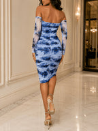 Women's Blue Ink Wash Floral Mesh Midi Dress, Off-the-Shoulder Sheer Long Sleeve Full-Body Ruched, Slim-Fit Hip-Hugging Elegant Banquet Dress - Peacock Blue