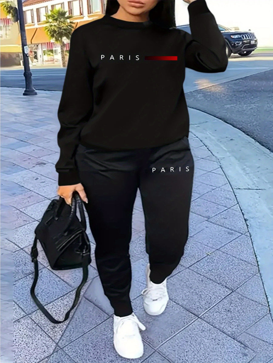 Women's Casual Tracksuit Set, Fashionable Paris Letter Print Long Sleeve Sweatshirt & Joggers Pants Outfit - Black