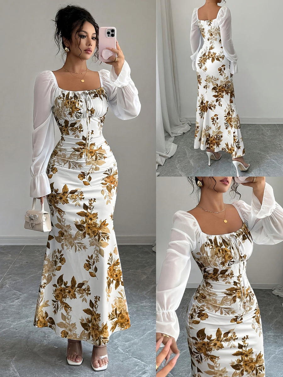 Women's Elegant Square Neck Dress with Chest Wrinkle Bow Accent - Slim-Fit Long Sleeve A-Line Dress, High Elasticity Fabric for Wedding, Date Night & Casual Attire, Machine Washable, All-Season A-Line Dress - orange yellow
