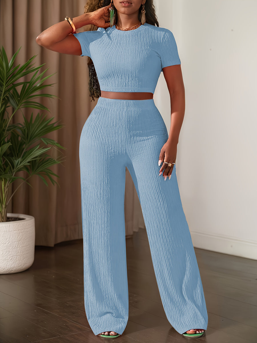 2025 New Solid Color Short Sleeve Top And Wide Leg Pants Casual Set - Sky Blue