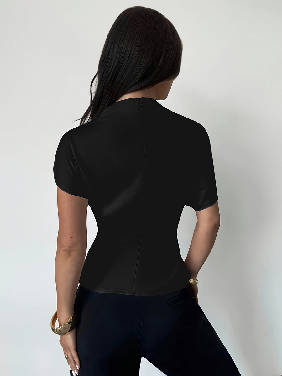 Asymmetrical Sleeve Side Ruched Waist Commuter Women'S Blouse, All-Season - Black