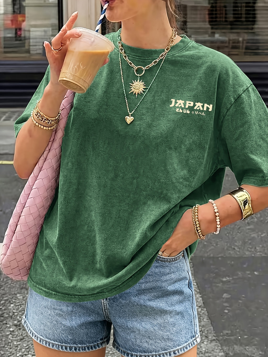 2026 Fashionable Trendy New Distressed Design Japanese Crane Pine Branch Print American Vintage Street Style Women'S Distressed All-Match Casual Retro Short Sleeve T-Shirt - Green