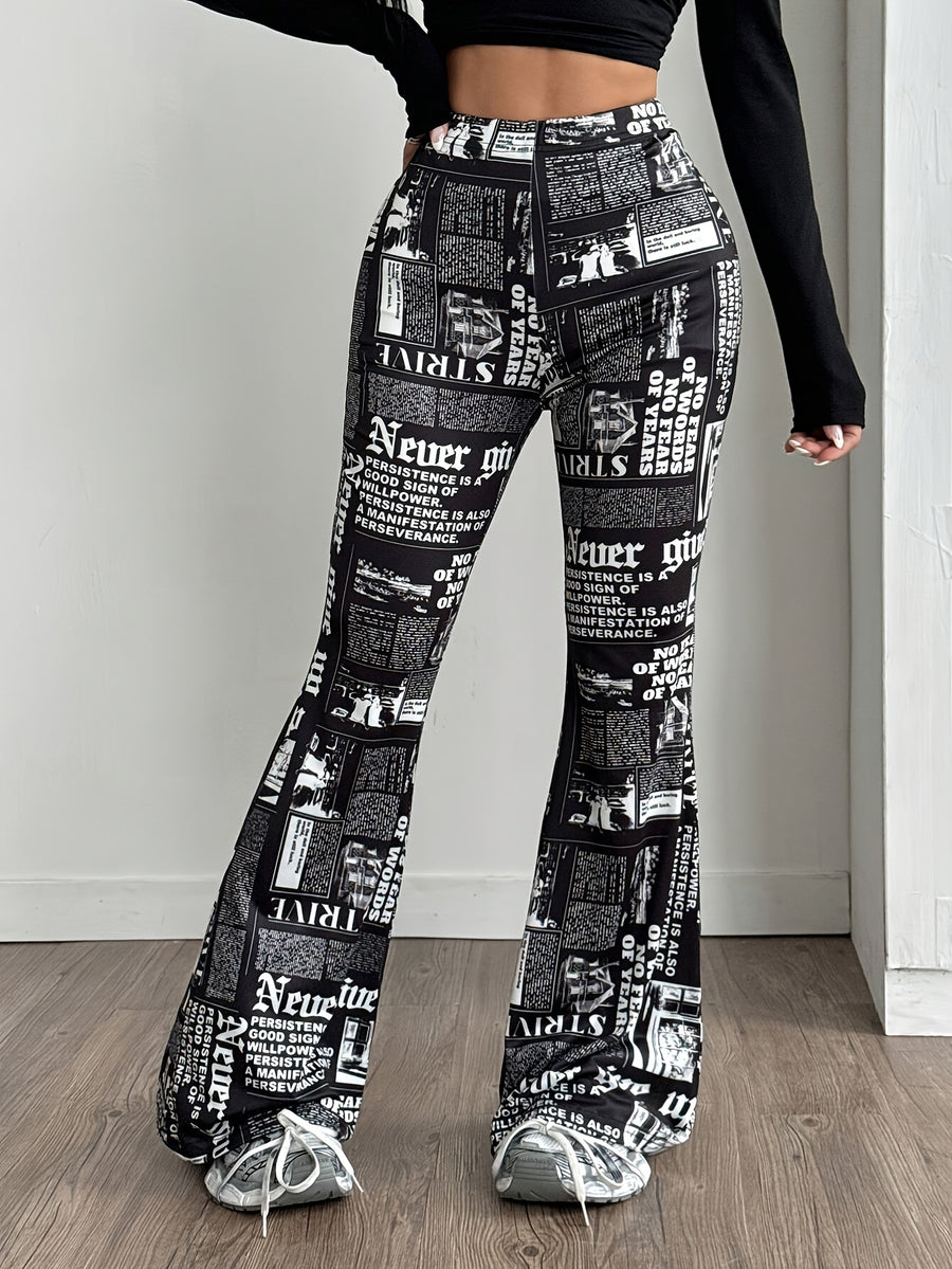 2026 New Women'S Elastic Waist Full Print Flare Leg Pants | Casual Long Length, Skinny Fit, All-Season Printed Trousers for Going Out - Mixed colors