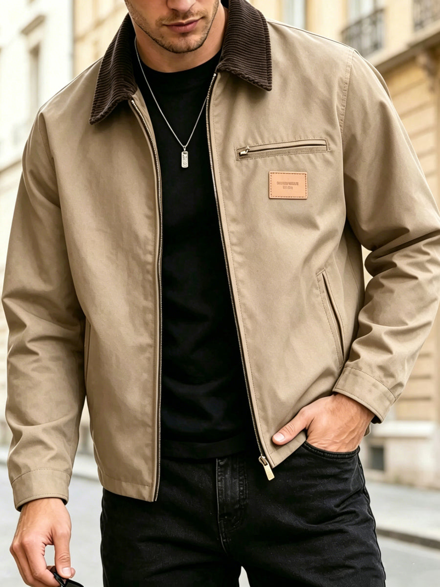 2026 American Heavyweight Workwear Coach Jacket for Men, Solid Color Lapel Versatile Jacket, Vintage Corduroy Lapel Workwear Jacket - Khaki