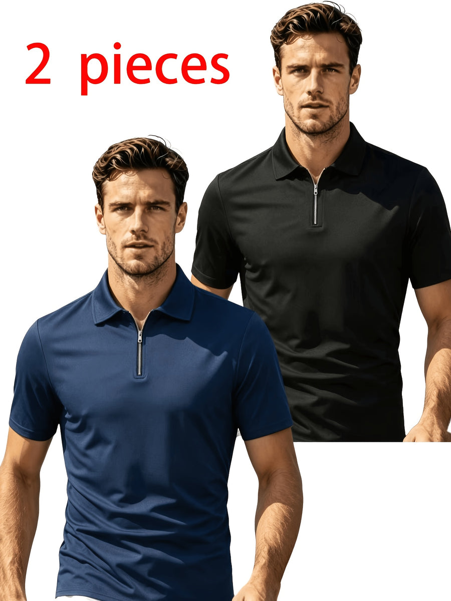 2pcs Men'S Short Sleeve Casual Athletic Polo Shirt Set, Zipper Collar, Comfortable And Breathable, Original Design - Navy blue and black