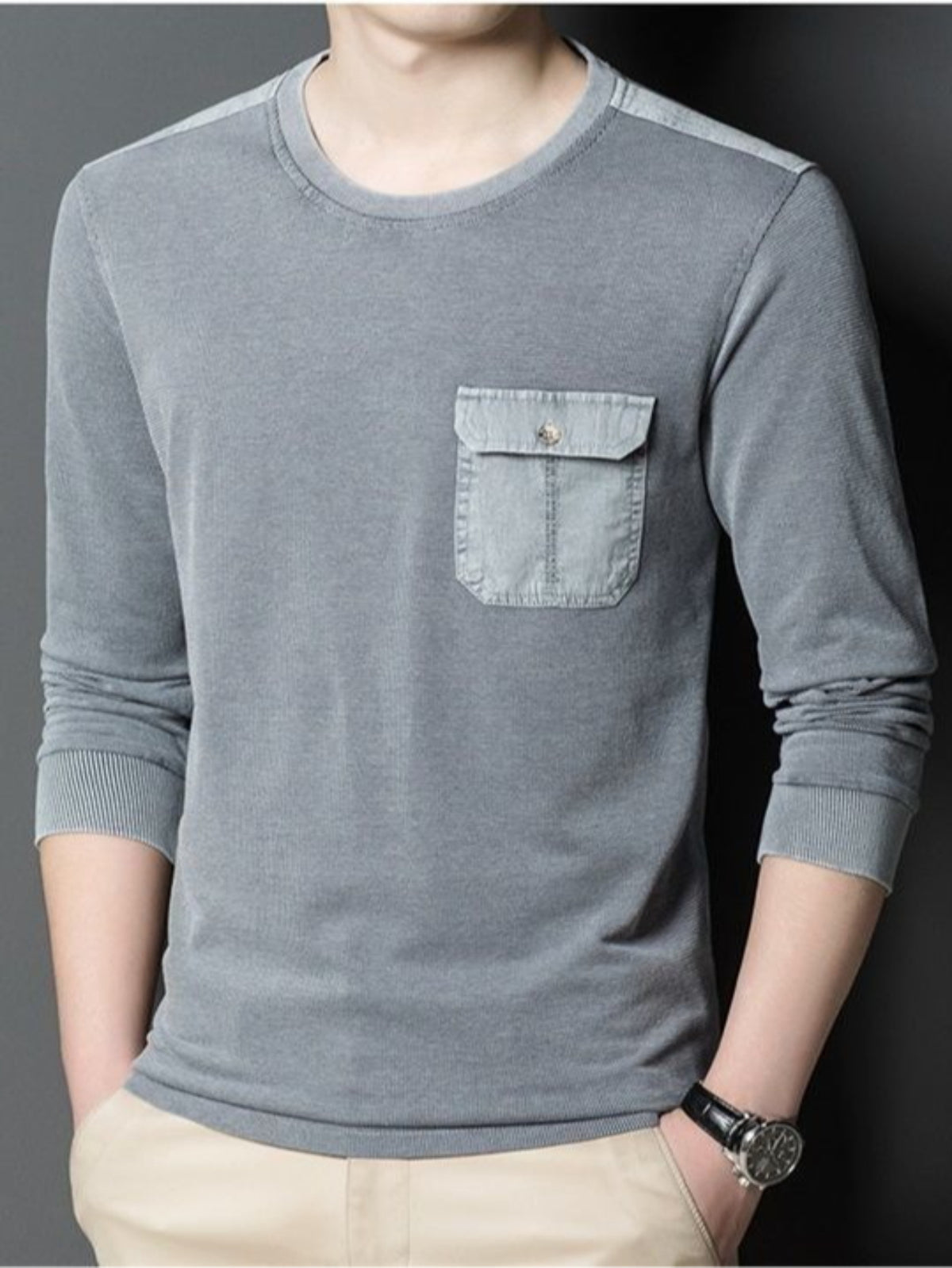 Men'S Round Neck Waffle Long Sleeve T-Shirt, Washed Distressed Craft Button Pocket Top, Comfortable Breathable Casual All-Match - Grey