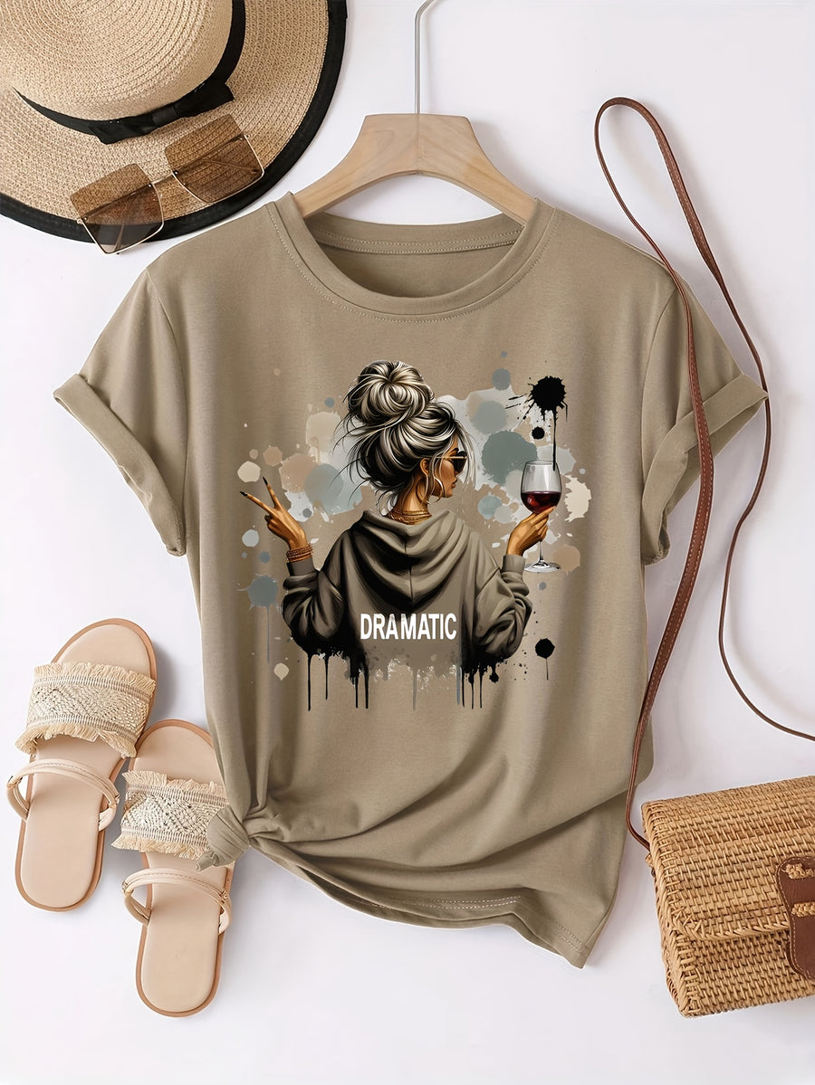 Fashionable Loose-Fitting Versatile Casual Short-Sleeve T-Shirt with Print - Khaki