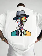 Vintage Gentleman Smoking Art Print Men's T-Shirt, Street Style, Suitable for Daily Wear, Loose Drop-Shoulder Fit Short-Sleeve T-Shirt - White