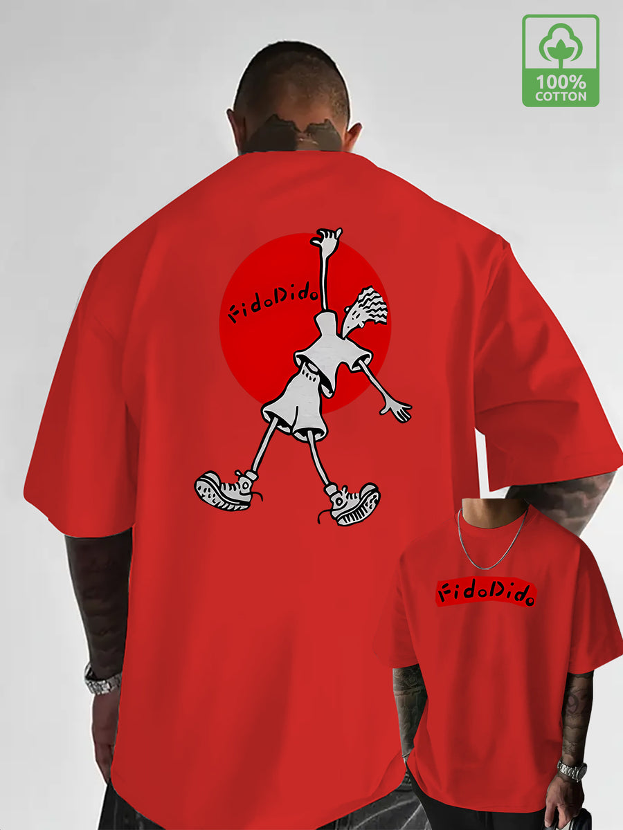 Cartoon French Fries for Man Simple Letter Creative Print Heavyweight Cool and Handsome 100% Pure Cotton Men's Short Sleeve T-Shirt, New Casual Daily Fashion Loose Fit Crew Neck Men's Apparel - Red