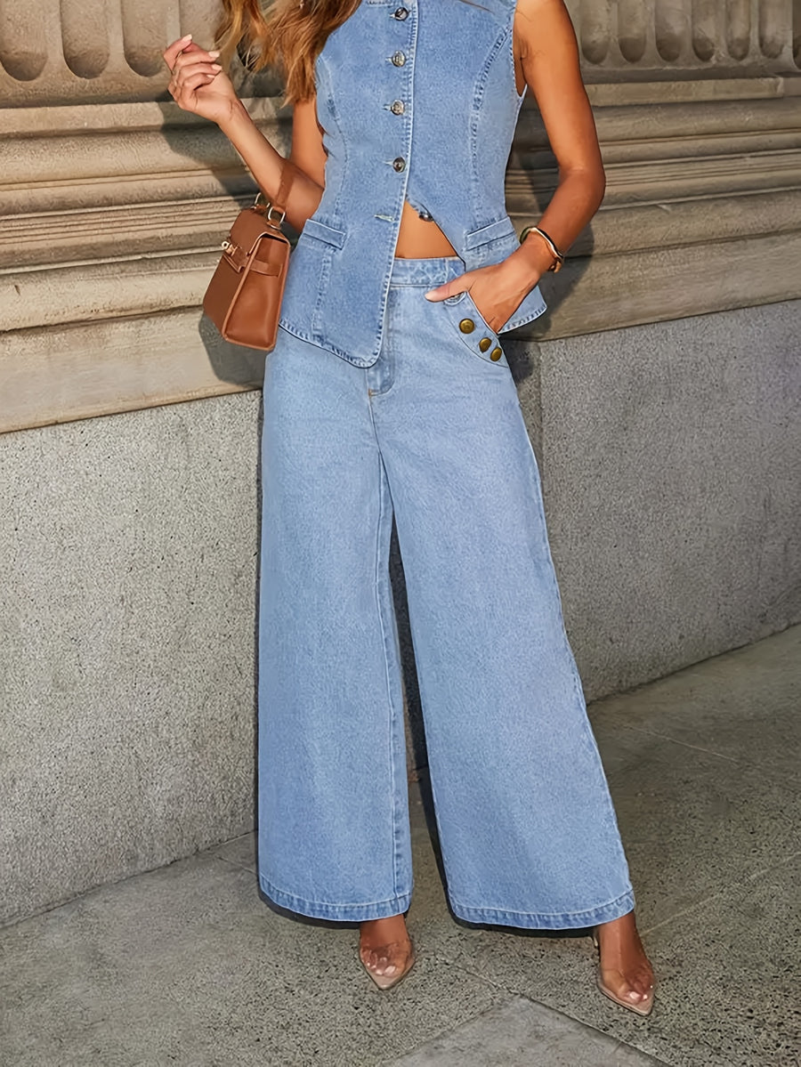 NEW Style Light Blue Washed Wide-Leg Jeans for, Casual and Elegant, Versatile, with Elastic Fabric, Suitable for Casual Outings - Light Blue