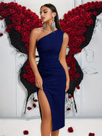 In-Stock Style Off-Shoulder Ruched Front-Slit Prom Party Dress - Navy blue color