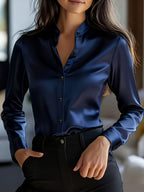 Elegant Special Edition Women'S Satin Blouse - Long Sleeve Shirt, Classic Collar, Medium Stretch And Machine Washable, Suitable for Office, Commute, Or Formal Events, Office Wear, Exquisite Casual, Smooth Texture - Navy Color
