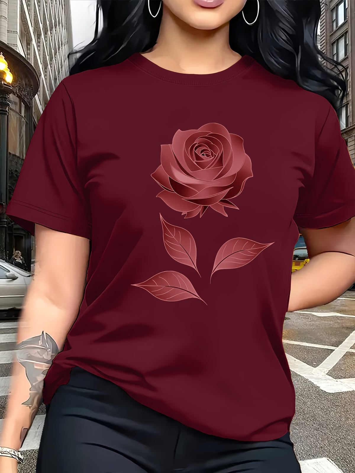 Color Series - Multicolor Light And Dark Gradient Easy Fresh Style Rose Pattern Printed T-Shirt, Casual Outing Wear, Single Wear Or Layered with Jacket, Multi-Layered, Suitable for Travel Vacation, Casual, Free And Unrestrained, Sister Outfit - Red
