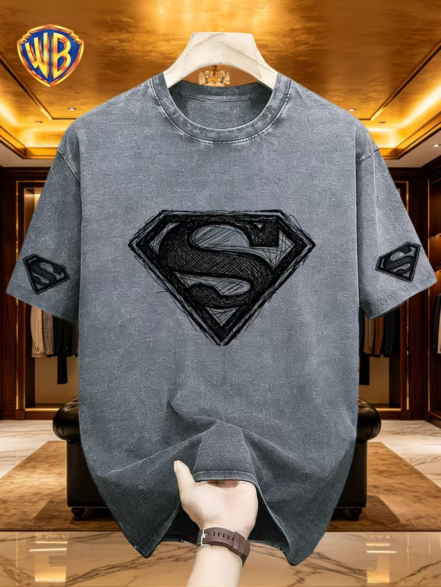 Warner Genuine Superman Hand-Painted Lines S Mark Washed to Make Old Short-Sleeve Men'S Wear, Retro Round Neck T-Shirt, Soft And Breathable, Machine Washable, Men'S Daily Casual Shirt - Light Gray 2