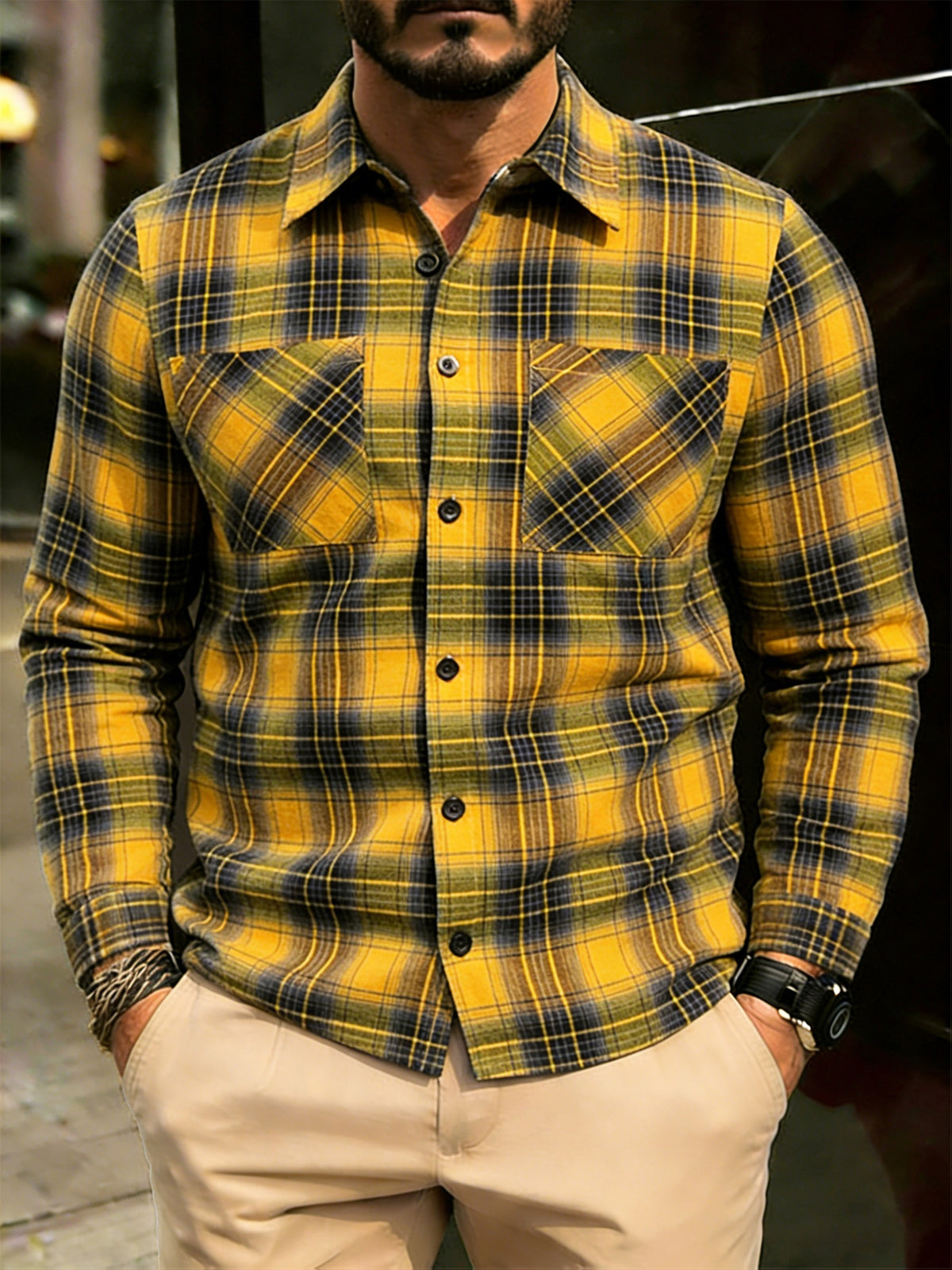 Men'S Casual Plaid Long Sleeve Shirt, Lapel Collar, Open Placket with Button Closure, Fashionable Double Pockets, Lightweight Breathable Fabric, Classic Checkered Pattern, Suitable for Spring Summer Daily Outing, Vacation, Camping, Commuting - Yellow And Green Grid