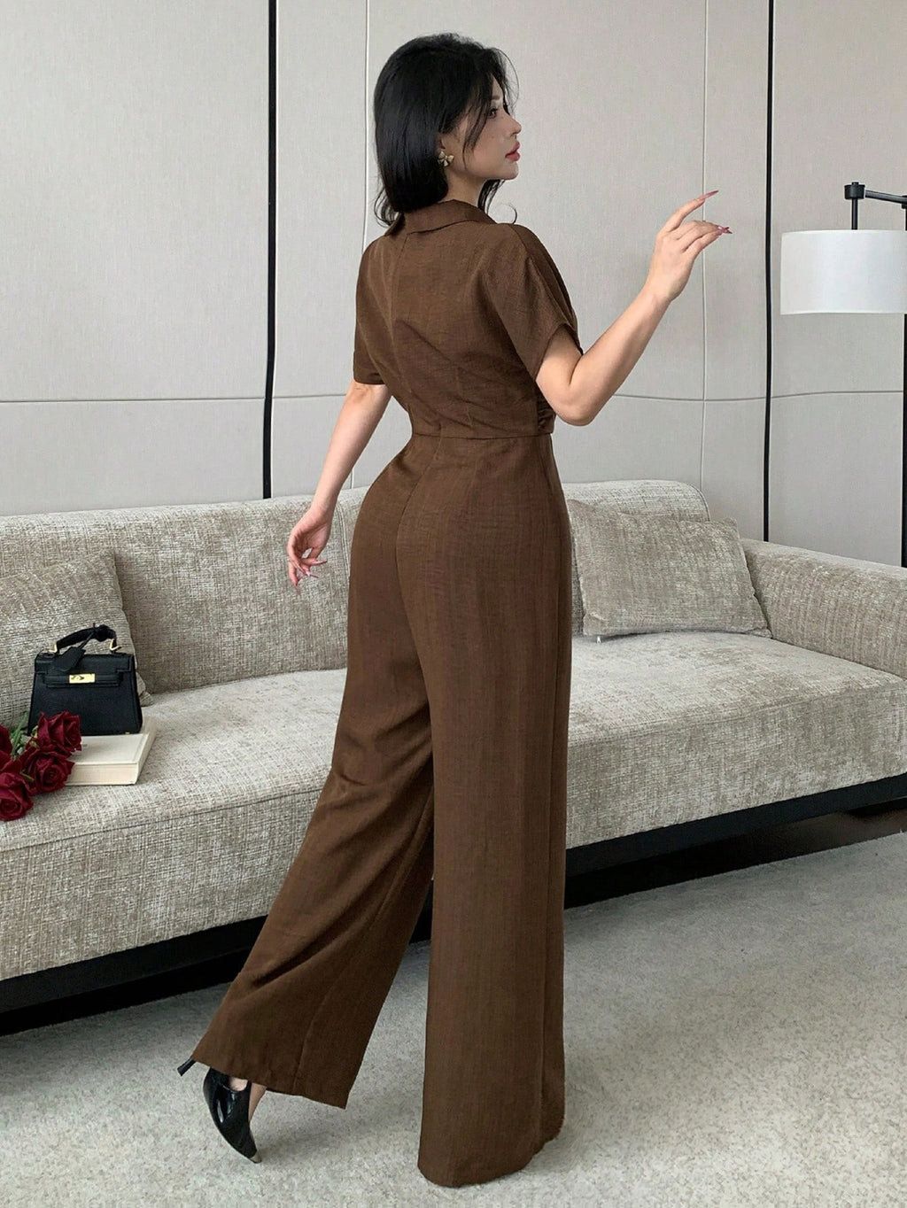 ASD1 Elegant Women'S Waist-Cinching Sleeveless Solid Color Lapel Jumpsuit - Coffee Color