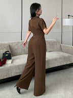 ASD1 Elegant Women'S Waist-Cinching Sleeveless Solid Color Lapel Jumpsuit - Coffee Color