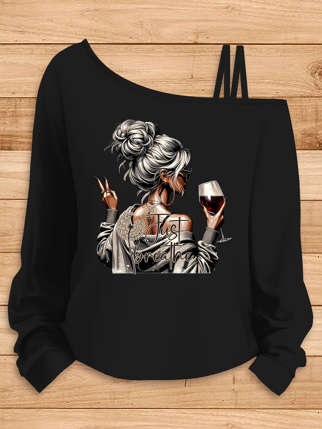 Beautiful Autumn/winter Women's Clothing Featuring a Female Back Silhouette Holding a Red Wine Glass and Giving a Victory Hand Gesture, with "Just Breathe" Text Pattern. Loose, Elegant, and Fashionable Sporty Casual Party Top - Black