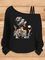 Beautiful Autumn/winter Women's Clothing Featuring a Female Back Silhouette Holding a Red Wine Glass and Giving a Victory Hand Gesture, with "Just Breathe" Text Pattern. Loose, Elegant, and Fashionable Sporty Casual Party Top - Black