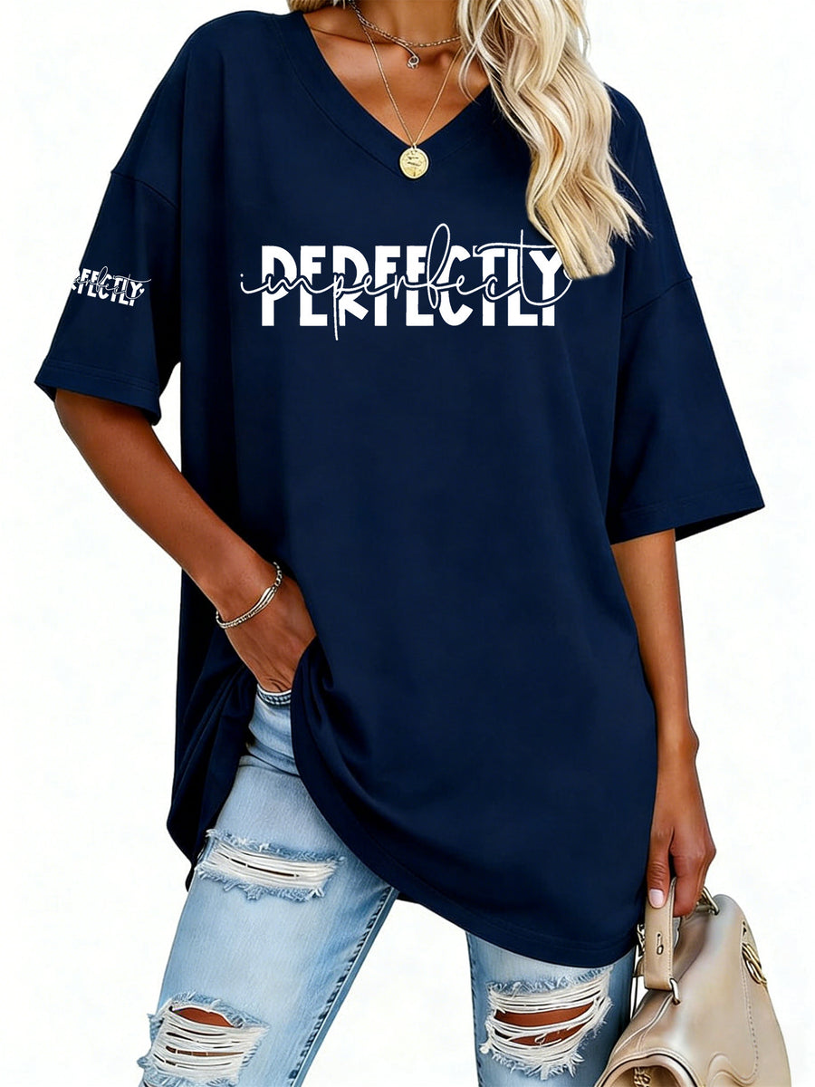 Women S Fashion V Neck Tee Featuring Relaxed Drop Shoulders - Navy Color