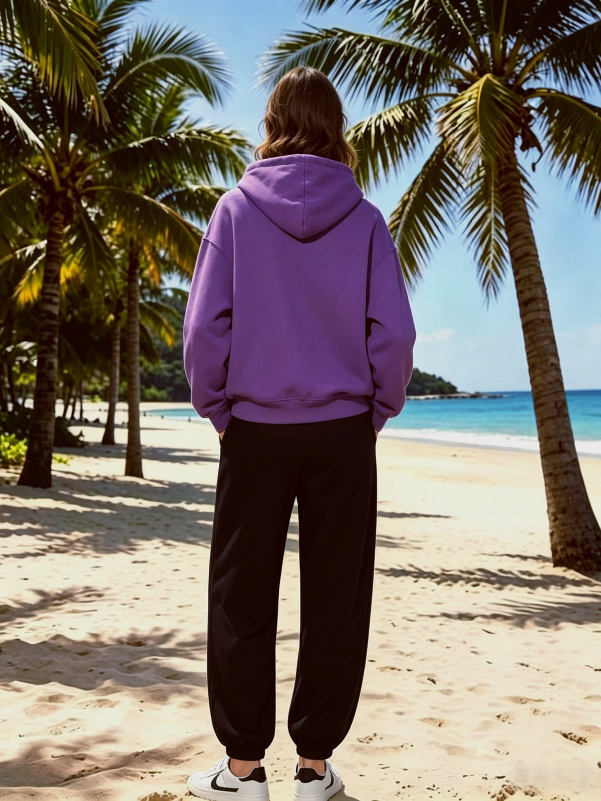 Lazy Style Loose Sweatshirt and Sweatpants Set, Long Sleeve Hooded Top and Jogger Pants, Daily Running Sportswear - Purple hoodie + black sweatpants