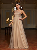 One-shoulder Sequin Patchwork Mesh Dress, Family Gathering Birthday Party Dress, Elegant and Fashionable Dress, Women's Long Dress, Party Dress, New Style, Women's Evening Gown, Host Performance Dress, Bridesmaid Dress, Prom Evening Gown - Champagne