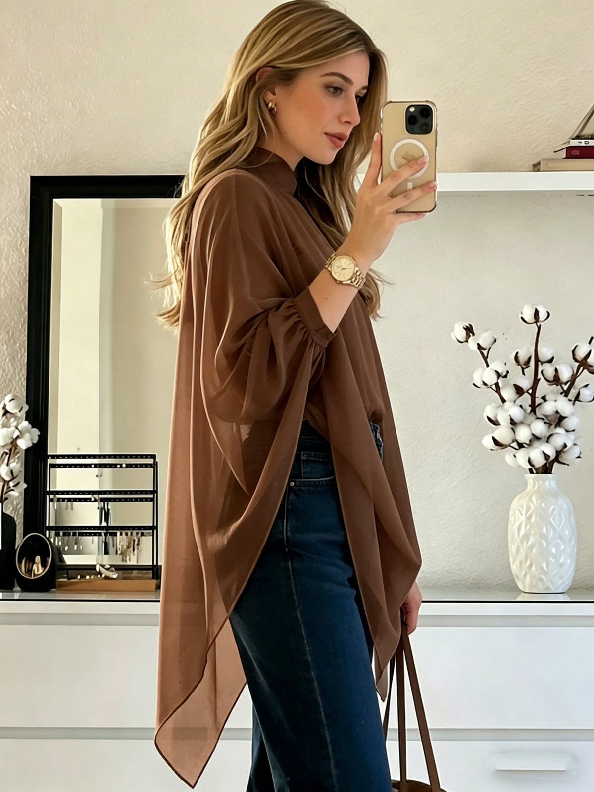 Women'S Asymmetrical Hem Chiffon Top, Casual Commute Blouse, Inner Layer Not Included - Coffee Brown